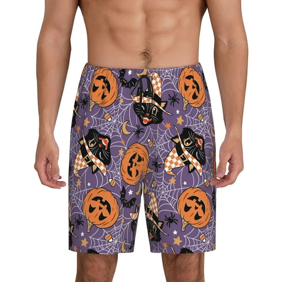 Sikiie Vintage Halloween Black Cat Mens Pajama Shorts, Lounge Pant, Men's shorts，Sleep Pj Shorts for Men-3X-Large