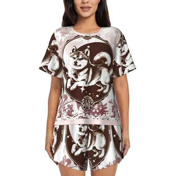 Sikiie Vintage Husky Dog Womens Pajama Sets Short Sleeve Top With Pants Sleepwear 2 Piece Lounge Set-Large