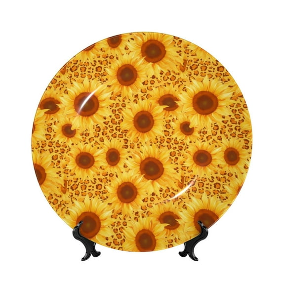 Sikiie Vintage Leopard Print Sunflower Bone China Decorative Plate Personality Ceramic Dinner Plate Crafts Decorative Ceramic Decorative Plate -10in