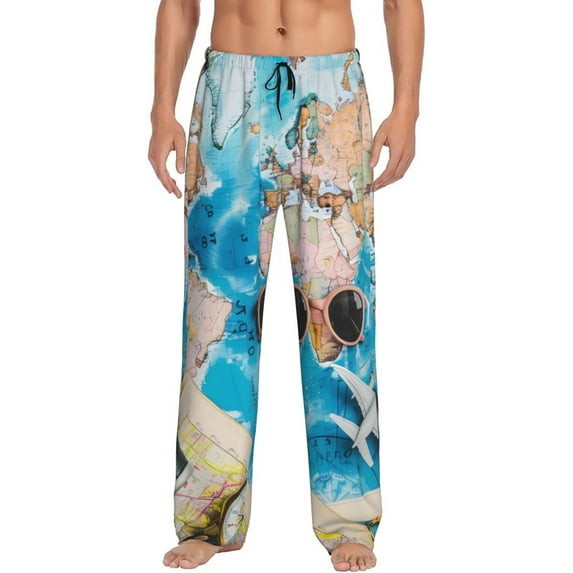 Sikiie Vintage Map Travel Essentials Pajama Pants Men, PJ Bottoms, Sleep & Lounge Pants-X-Large