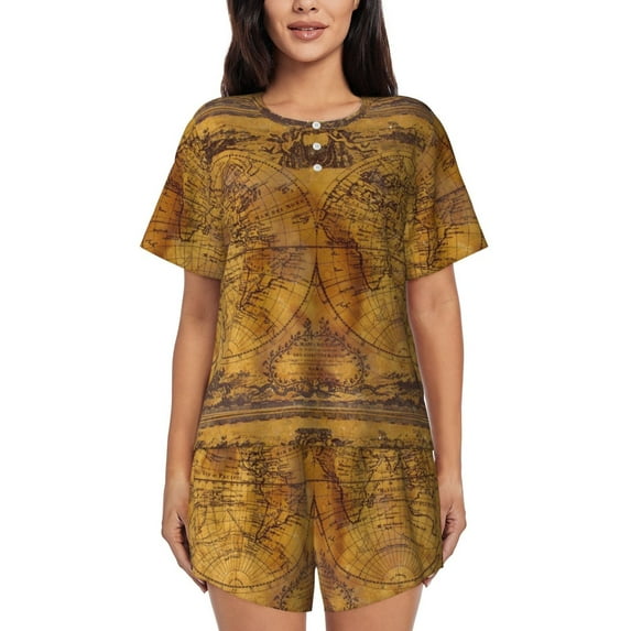 Sikiie Vintage Map Womens Pajama Sets Short Sleeve Top With Pants Sleepwear 2 Piece Lounge SetX-Large