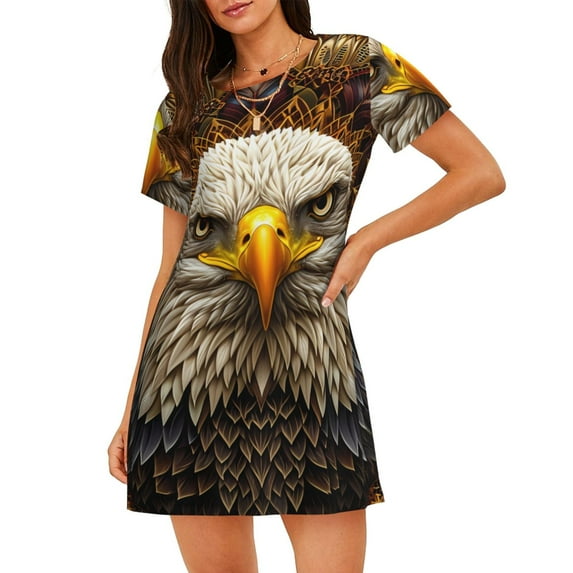 Sikiie Vintage Pattern Bald Eagle Print Women's Short-sleeved Nightdress, Round Neck Pullover Nightdress Pajamas Summer Home Wear