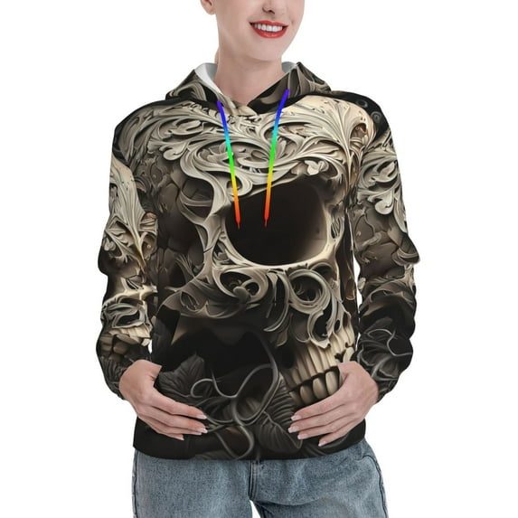 Sikiie Vintage Pattern Flower Skull Women's Casual Hoodies Long Sleeve Lightweight Pullover Tops Loose Sweatshirt-Medium