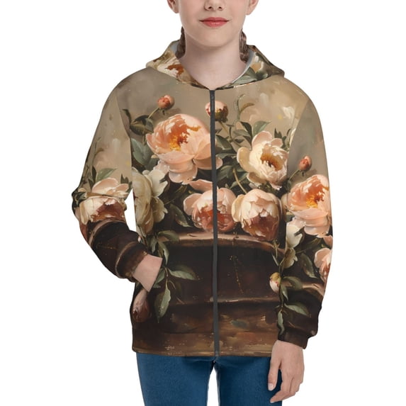 Sikiie Vintage Peonies Rustic Charm Zip Up Hoodie Teenage, hoodies for Teenage, Zipper Sweatshirt Jacket for Daily, Traveling-Medium