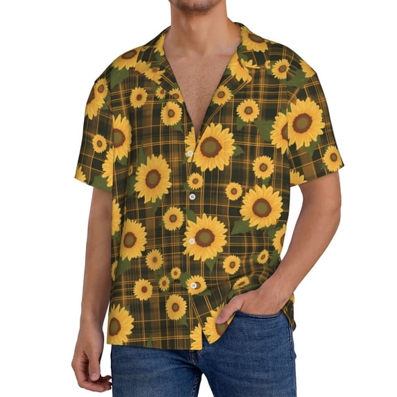 Sikiie Vintage Plaid Sunflower Men's Wrinkle Free Untucked Cuban Shirt Business Casual Button Down Shirts Short Sleeve ShirtMedium