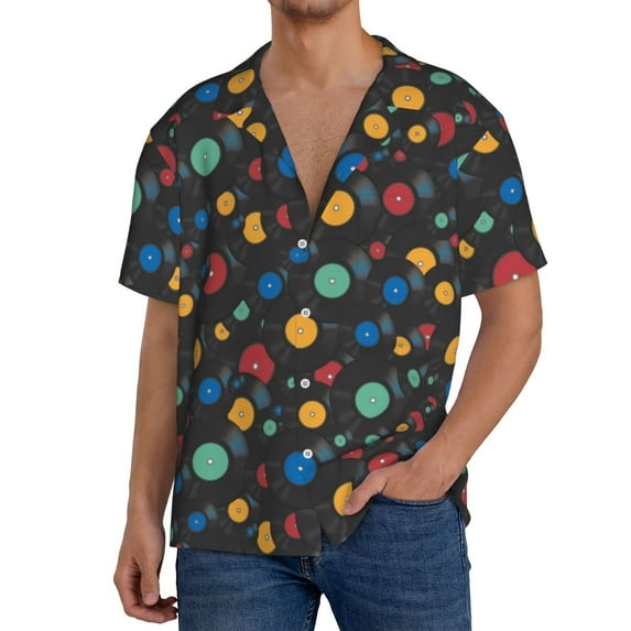 Sikiie Vintage Records Men's Wrinkle Free Untucked Cuban Shirt Business Casual Button Down Shirts Short Sleeve ShirtMedium
