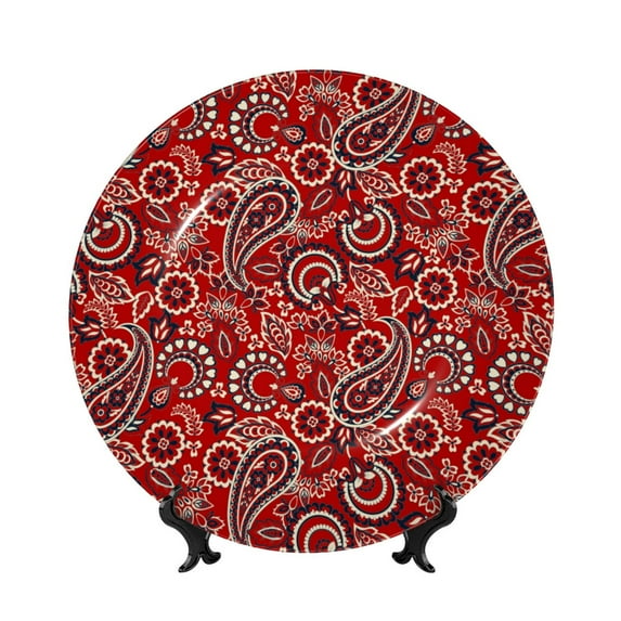 Sikiie Vintage Red Paisley Bone China Decorative Plate Personality Ceramic Dinner Plate Crafts Decorative Ceramic Decorative Plate -6in