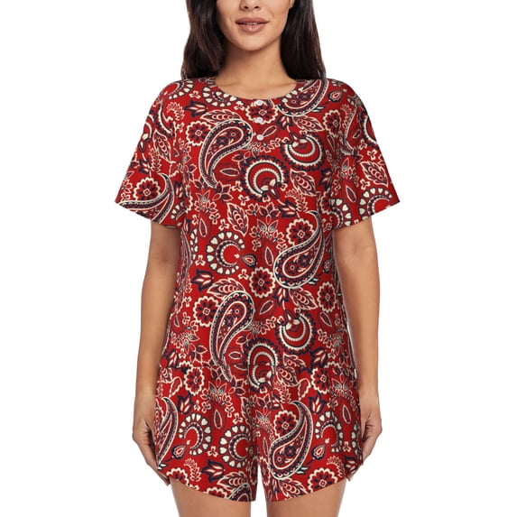 Sikiie Vintage Red Paisley Womens Pajama Sets Short Sleeve Top With Pants Sleepwear 2 Piece Lounge SetMedium