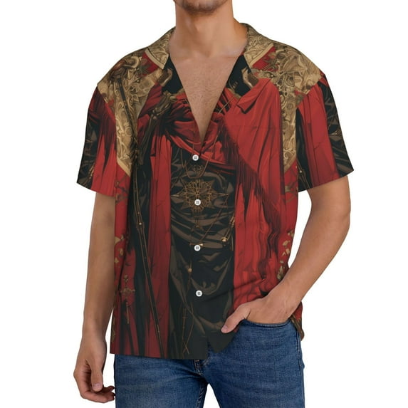 Sikiie Vintage Rose Scepter Skull Men's Cuban Shirt, Hawaiian Shirts, Business Casual Button Down Shirts, Short Sleeve Shirt-Large