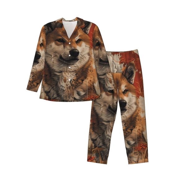 Sikiie Vintage Shiba Inu Art Mens Pajama Set, Soft Warm Long Sleeve Sleepwear, Cozy Button-Down Pjs for Men-XX-Large