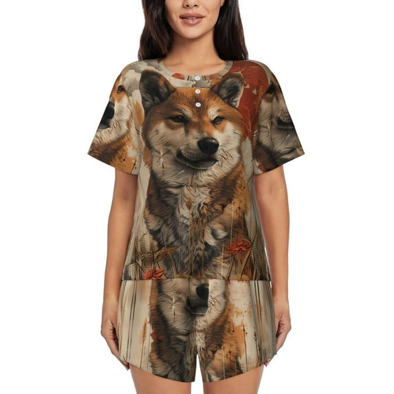 Sikiie Vintage Shiba Inu Art Womens Pajama Sets Short Sleeve Top With Pants Sleepwear 2 Piece Lounge Set-3X-Large
