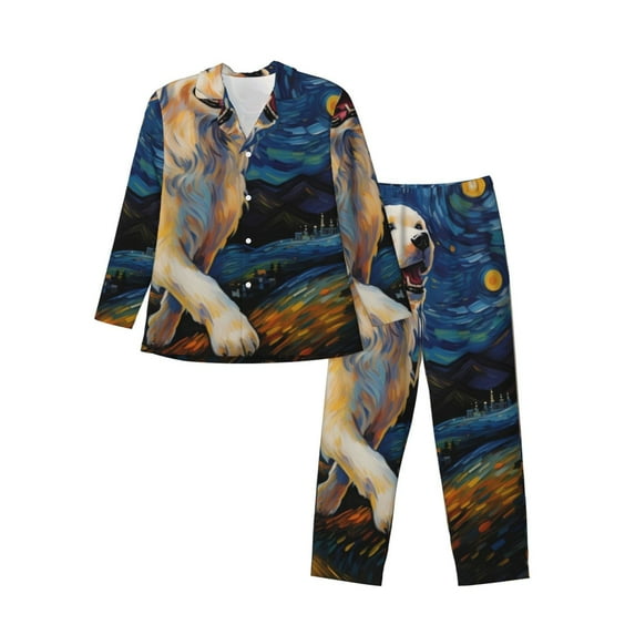 Sikiie Vintage Starry Sky Labrador A Mens Pajama Set, Soft Warm Long Sleeve Sleepwear, Cozy Button-Down Pjs for Men-Large