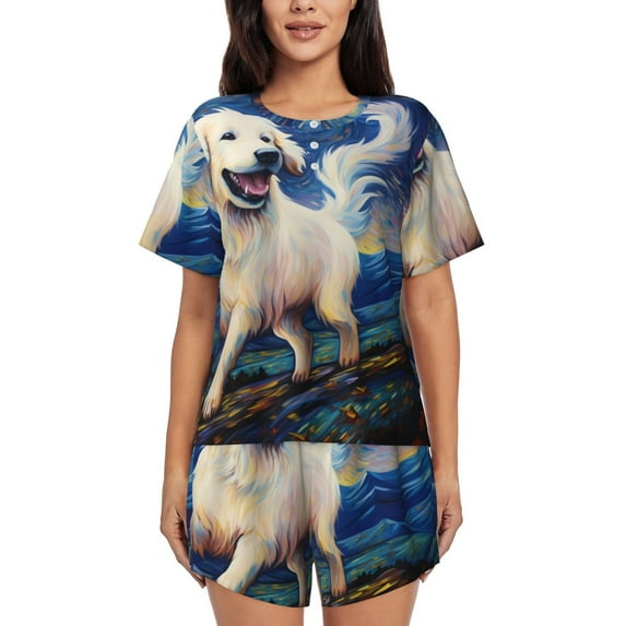 Sikiie Vintage Starry Sky Puppy Womens Pajama Sets Short Sleeve Top With Pants Sleepwear 2 Piece Lounge SetSmall