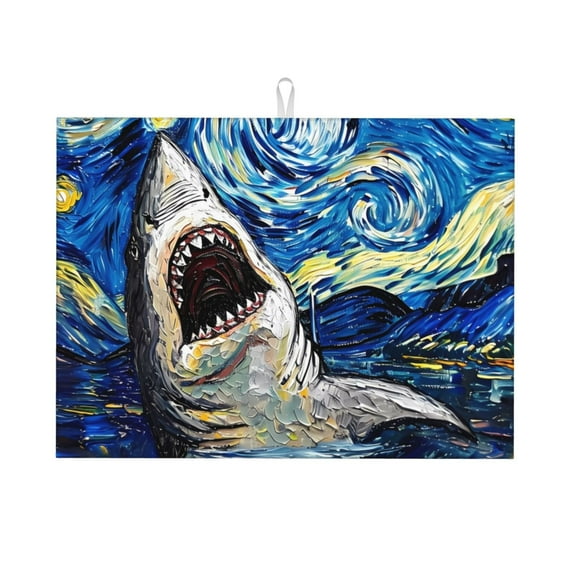 Sikiie Vintage Starry Sky Shark Dish Drying Mat, Kitchen Counter Mat, Self Drying Mat for Kitchen Counter Dish Drying Pad ,for Dishes, Utensils, Pots and Pans(24" x 18")