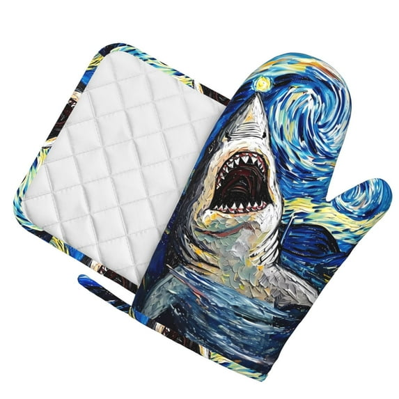 Sikiie Vintage Starry Sky Shark Oven Mitts and Pot Holders Set, Kitchen Oven Glove High Heat Resistant with Non-Slip Silicone Surface for Cooking