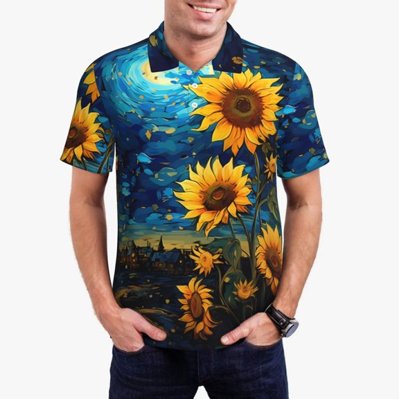 Sikiie Vintage Starry Sky Sunflower Print Men's Short-sleeved POLO Shirts, Button-down Shirts and T-shirts are Suitable for Vacation, Leisure and Business-Small