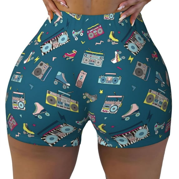 Sikiie Vintage Tape Players And Skates Print Workout Shorts Women Scrunch Butt Gym Shorts Seamless High Waist Tummy Control Yoga Biker Athletic Shorts