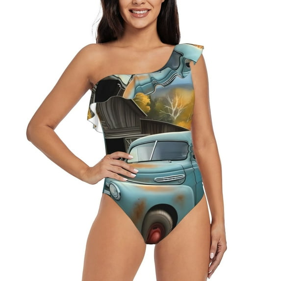 Sikiie Vintage Truck Farm Scene Print Women One Piece Swimsuits Tummy Control One Shoulder Bathing Suits Ruffle Swimwear, From S to XXL-Medium