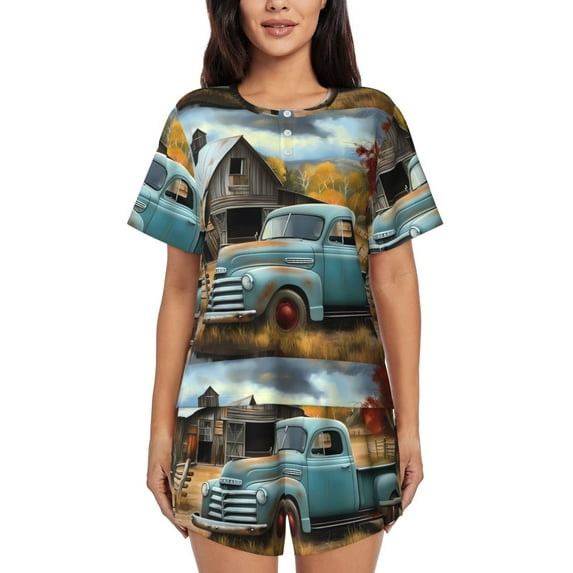 Sikiie Vintage Truck Farm Scene Womens Pajama Sets Short Sleeve Top With Pants Sleepwear 2 Piece Lounge Set-Medium