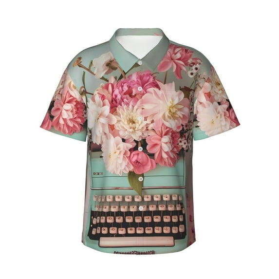 Sikiie Vintage Typewriter Floral Print Men's Hawaiian Shirt, Summer Beach Button Pocket Short Sleeve T-Shirt,Large