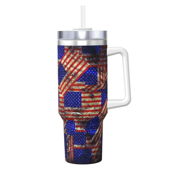 Sikiie Vintage USA Flag Insulated Stainless Water Bottle Lid Travel Mug Cup Insulated Tumblers Cup 40oz Ice Bully With Handle
