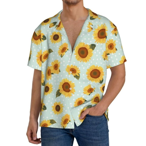 Sikiie Vintage White Polka Dot Sunflower Men's Wrinkle Free Untucked Cuban Shirt Business Casual Button Down Shirts Short Sleeve ShirtSmall