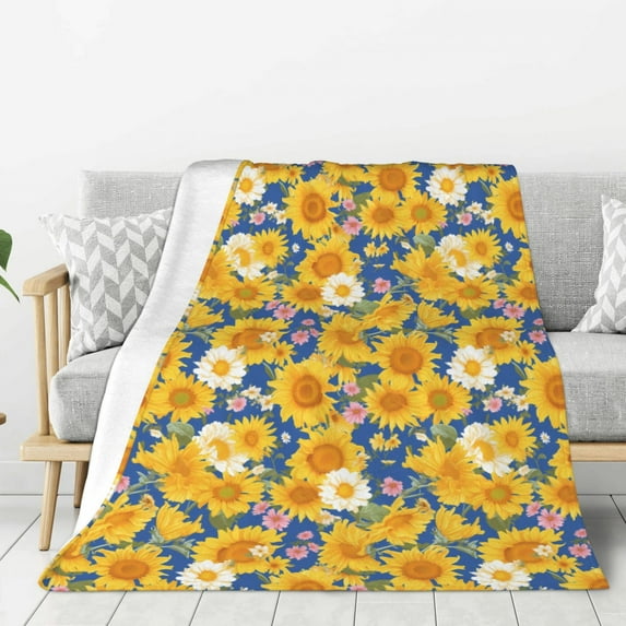 Sikiie Vintage White Yellow Sunflower Cozy Flannel Fleece Throw Blanket: Lightweight & Thick for All Seasons - Perfect for Women, Men, & Kids"40"x30"