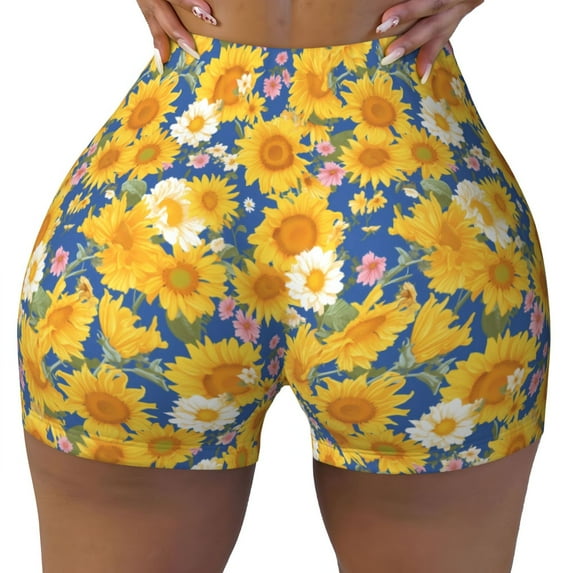 Sikiie Vintage White Yellow Sunflower Print Workout Shorts Women Scrunch Butt Gym Shorts Seamless High Waist Tummy Control Yoga Biker Athletic Shorts