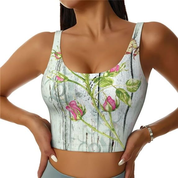 Sikiie Vintage Wood Background with Floral Print Strappy Sports Bra for Women Padded Push Up Sports Bra Athletic Running Sports Bra Workout Bra Yoga Bra