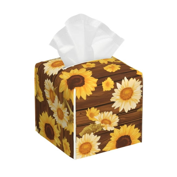 Sikiie Vintage Wood Grain Sunflower A Leather Tissue Box Cover Square, tissue box holder, Tissue Box with Bottom Belt-5.2”x5.2”x5.2”