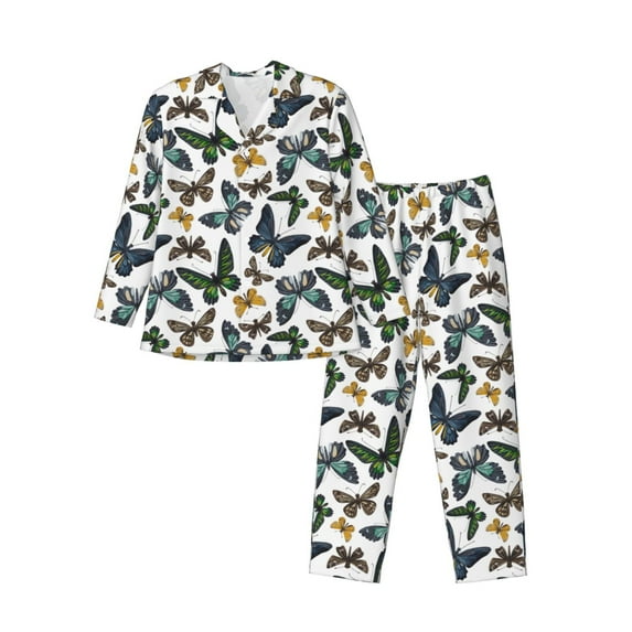 Sikiie Watercolor Butterflies Mens Pajama Set, Soft Warm Long Sleeve Sleepwear, Cozy Button-Down Pjs for Men-Large