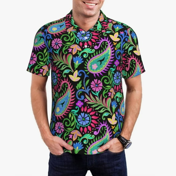 Sikiie Watercolor Floral Paisley Print Men's Short-sleeved POLO Shirts, Button-down Shirts and T-shirts are Suitable for Vacation, Leisure and Business-XX-Large