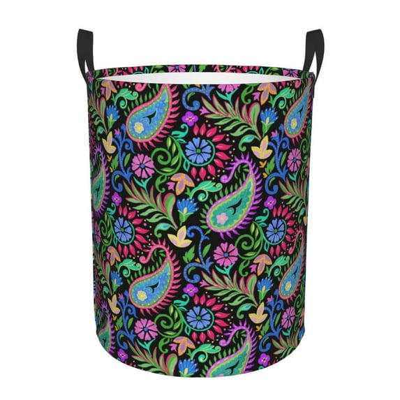 Sikiie Watercolor Floral Paisley Print Round Dirty Clothes Basket, Waterproof Standing Foldable Storage Basket, for Laundry Room, Bedroom, Bathroom Storage-Medium