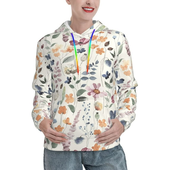 Sikiie Watercolor Floral Women's Casual Hoodies Long Sleeve Lightweight Pullover Tops Loose Sweatshirt-Medium