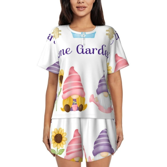 Sikiie Watercolor Gnome Garden Womens Pajama Sets Short Sleeve Top With Pants Sleepwear 2 Piece Lounge Set3X-Large
