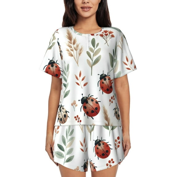 Sikiie Watercolor Ladybug Womens Pajama Sets Short Sleeve Top With Pants Sleepwear 2 Piece Lounge Set-