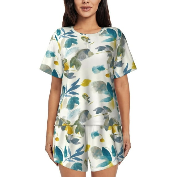 Sikiie Watercolor Leaves Womens Pajama Sets Short Sleeve Top With Pants Sleepwear 2 Piece Lounge SetSmall
