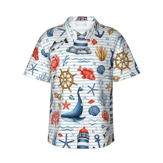 Sikiie Watercolor Nautical Print Men's Hawaiian Shirt, Summer Beach Button Pocket Short Sleeve T-Shirt,XX-Large