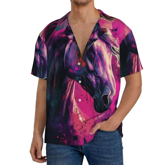 Sikiie Watercolor Painting White Horse Men's Wrinkle Free Untucked Cuban Shirt Business Casual Button Down Shirts Short Sleeve ShirtSmall