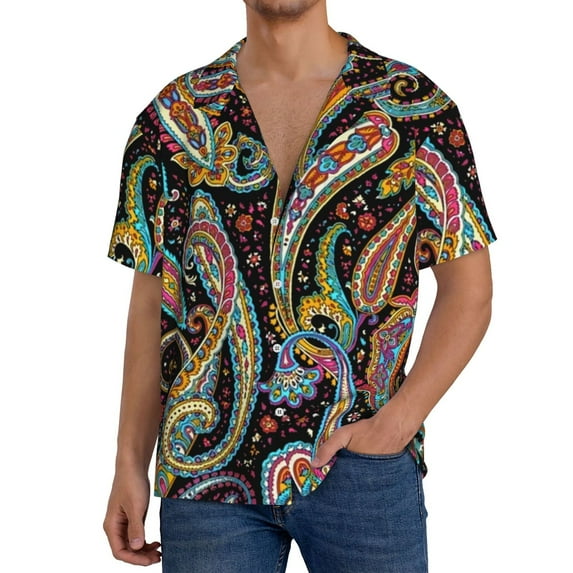 Sikiie Watercolor Romantic Paisley Men's Wrinkle Free Untucked Cuban Shirt Business Casual Button Down Shirts Short Sleeve ShirtLarge