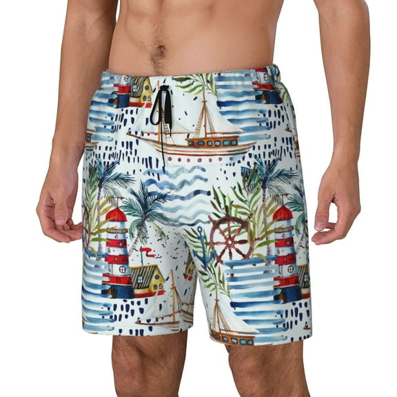 Sikiie Watercolor Sailboat Print Men's Double Layer Swimming Trunks, Adjustable Waistband and Pockets Sports Swimming Trunks, Beach Swimwear-Large