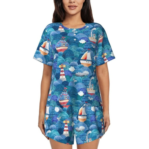 Sikiie Watercolor Ships Womens Pajama Sets Short Sleeve Top With Pants Sleepwear 2 Piece Lounge SetMedium