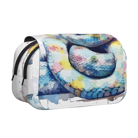 Sikiie Watercolor Snake Print Flip Double-layer Pencil Case, All-purpose Stationery Bag for Study and Office, Zipper Design, Unisex