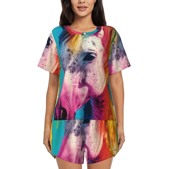 Sikiie Watercolor White Horse Womens Pajama Sets Short Sleeve Top With Pants Sleepwear 2 Piece Lounge SetXX-Large