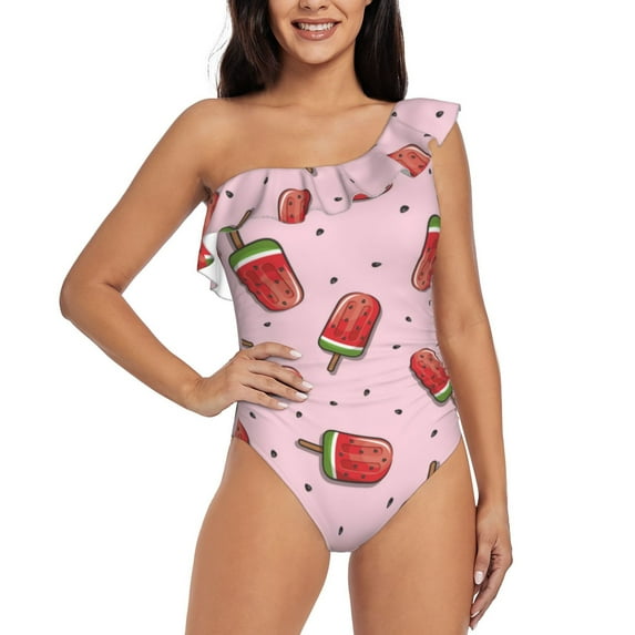 Sikiie Watermelon Ice Cream Print Women One Piece Swimsuits Tummy Control One Shoulder Bathing Suits Ruffle Swimwear, From S to XXL-XX-Large