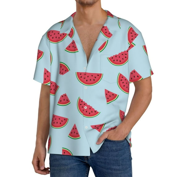 Sikiie Watermelon Men's Wrinkle Free Untucked Cuban Shirt Business Casual Button Down Shirts Short Sleeve ShirtXX-Large