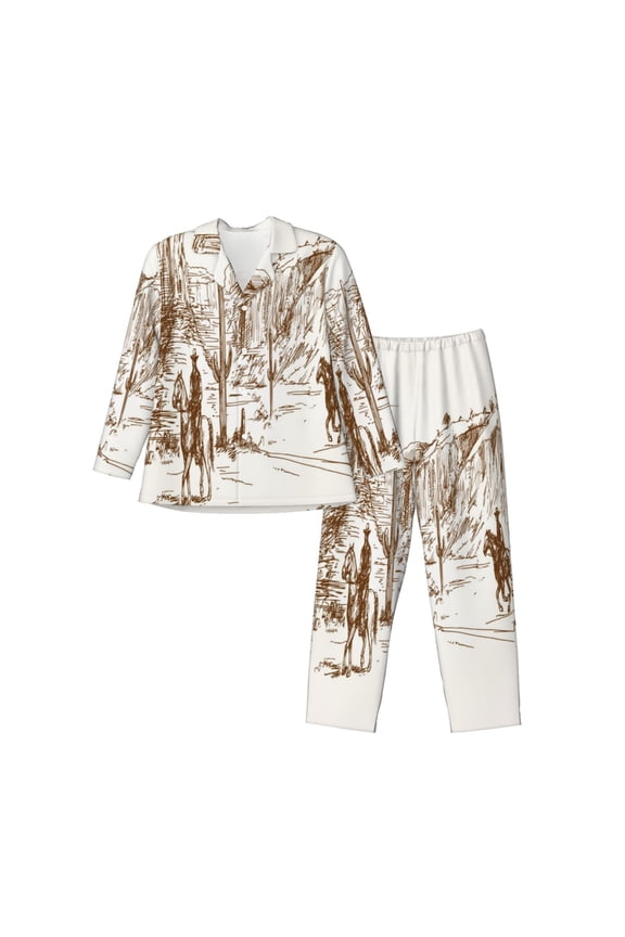 Western Desert Cowboys Mens Pajama Set, Soft Warm Long Sleeve Sleepwear, Cozy Button-Down Pjs for Men-