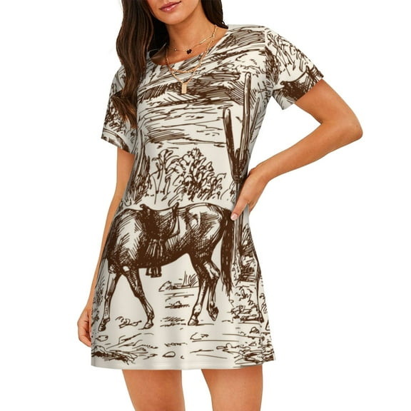 Sikiie Western Desert Cowboys2 Print Women's Short-sleeved Nightdress, Round Neck Pullover Nightdress Pajamas Summer Home Wear