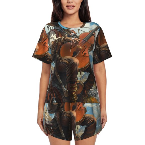 Sikiie Western Guitar Cowboy Womens Pajama Sets Short Sleeve Top With Pants Sleepwear 2 Piece Lounge SetX-Large