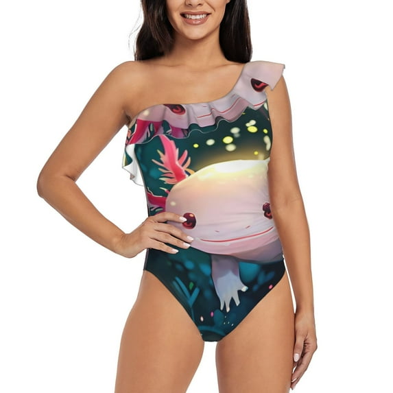 Sikiie Whimsical Axolotl Fantasy Print Women One Piece Swimsuits Tummy Control One Shoulder Bathing Suits Ruffle Swimwear, From S to XXL-Medium